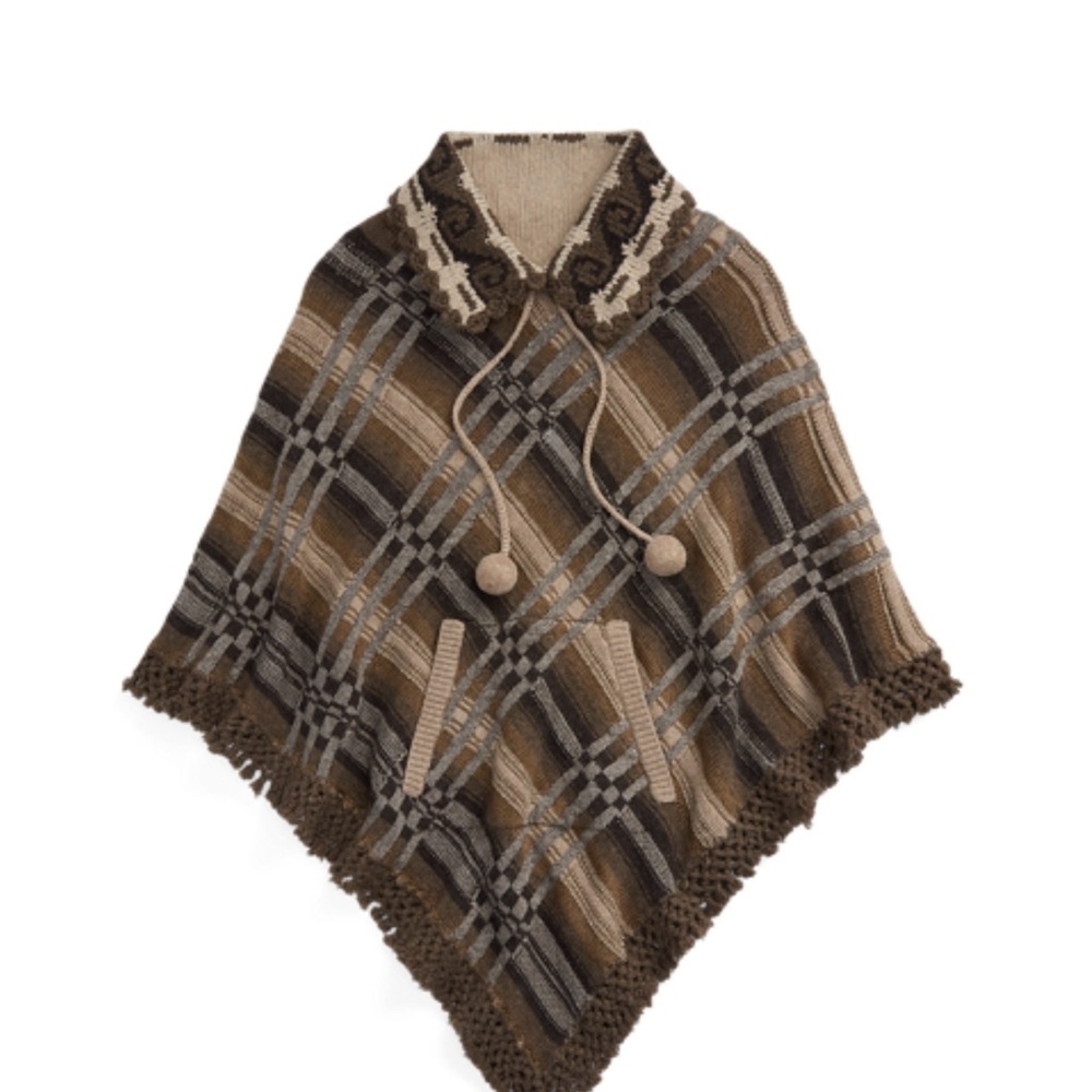 Ralph Lauren Double RL Women’s Sweaters  Plaid Jacquard Poncho Linen Wool Blend